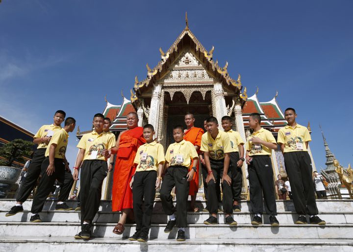 Members of Wild Boar youth soccer team and their coach-turned-Buddhist monk Ekapol Chantawong (back, C) visit Wat Phra Kaew or Temple of the Emerald Buddha within the Grand Palace complex in Bangkok, Thailand, 07 September 2018.