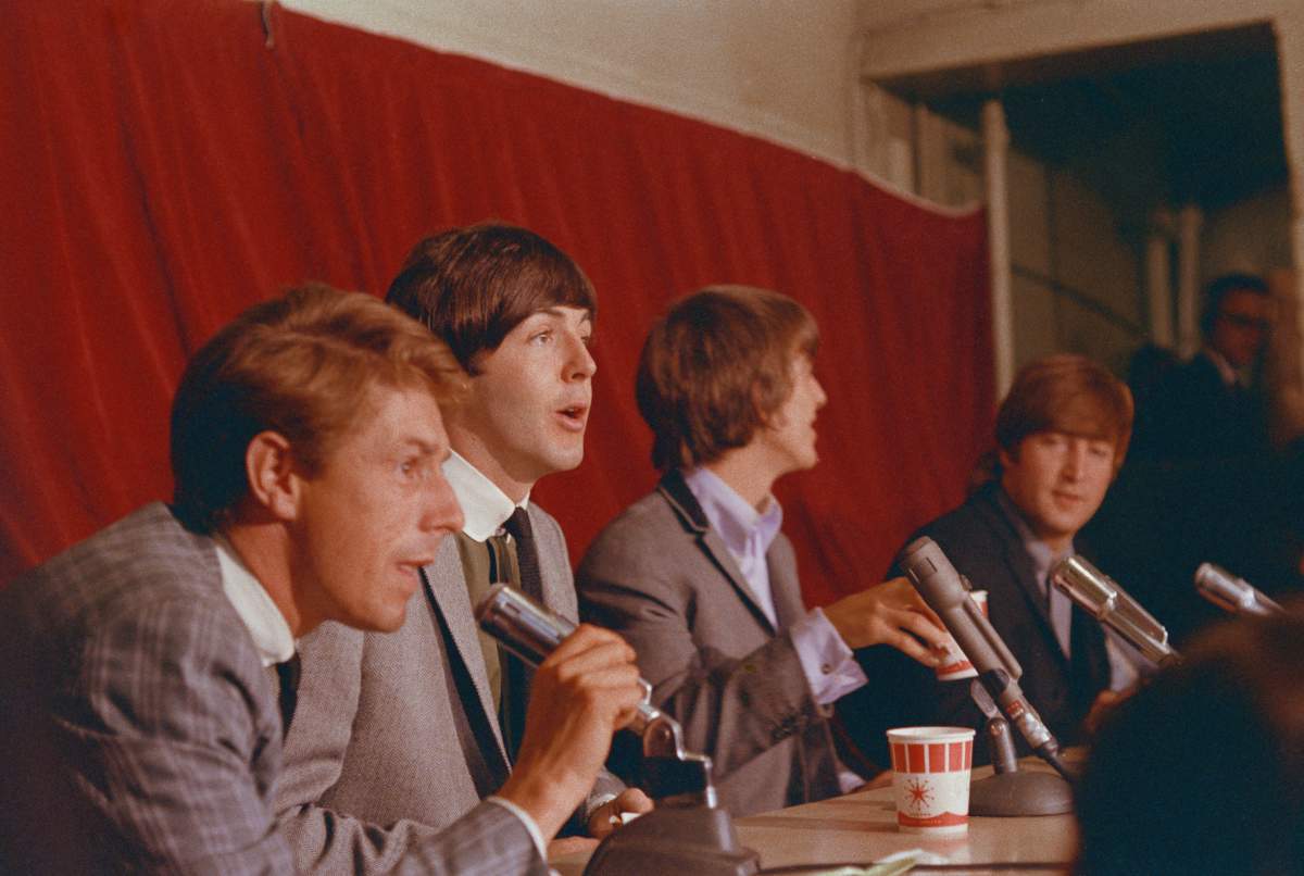 English rock band the Beatles during a press conference, circa 1965.