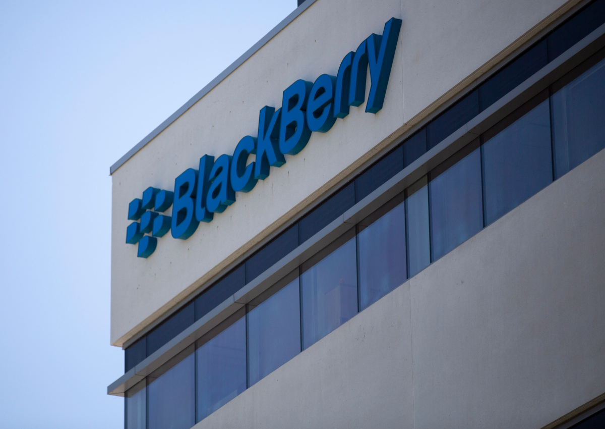 The Blackberry logo located in the front of the company's B building in Waterloo, Ont. on Tuesday, May 29, 2018. THE CANADIAN PRESS/Andrew Ryan.
