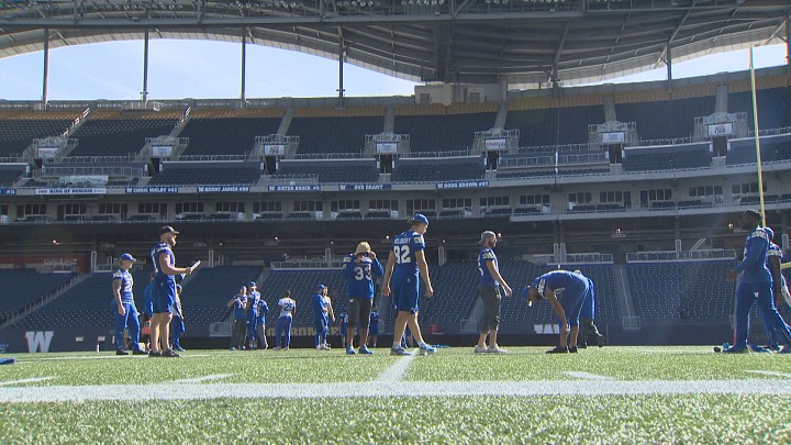 The Winnipeg Blue Bombers take their pre-game walk-through on Friday at Investors Group Field ahead of the annual Banjo Bowl.