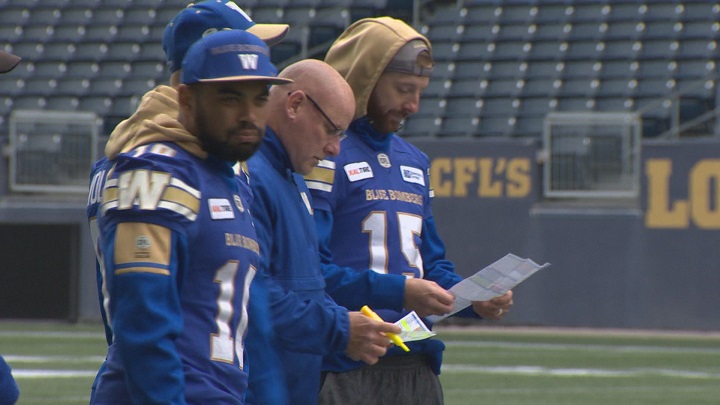 Winnipeg Blue Bombers players talk it over during their pre-game walk-through on Thursday at Investors Group Field.