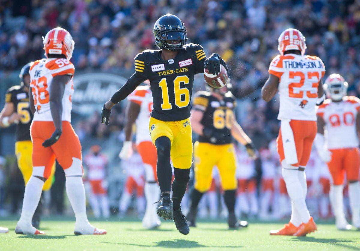 Hamilton Tiger-Cats wide receiver Brandon Banks (16) celebrates his second touchdown during first half CFL Football game action against the BC Lions in Hamilton, Ont. on Saturday, September 29, 2018.