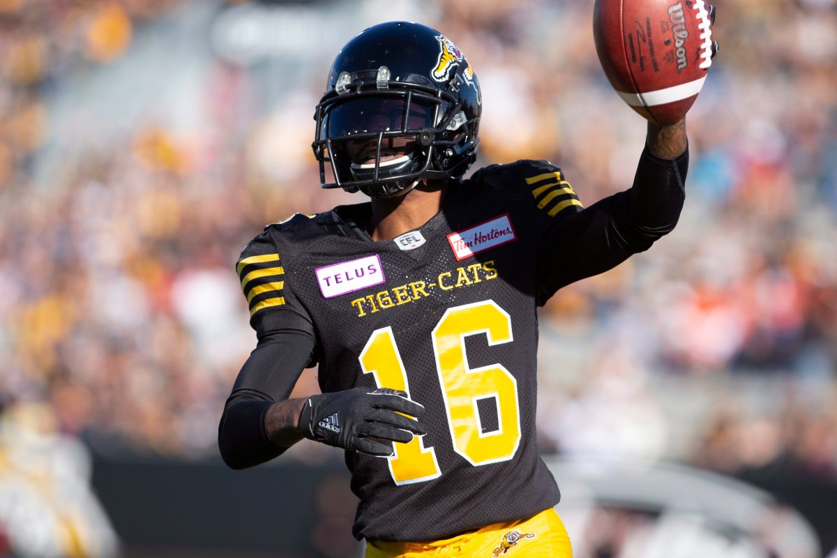 Hamilton Tiger-Cats wide receiver Brandon Banks (16) celebrates his first touchdown during first half CFL Football game action against the BC Lions in Hamilton, Ont. on Saturday, September 29, 2018.