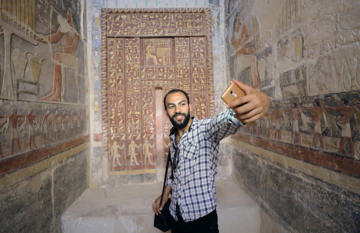 A man takes a selfie in a chamber of the tomb of Mehu, after it was opened for the public at Saqqara area near Egypt’s Saqqara necropolis, in Giza, Egypt Sept. 8, 2018.