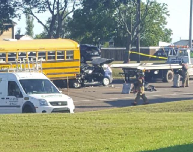 RCMP say a vehicle struck a school bus Monday morning on Route 133 in Grand Barachois, N.B. 