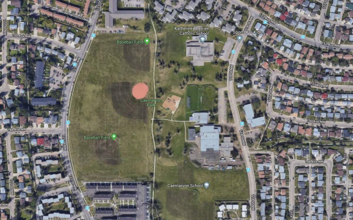Satellite map showing Caernarvon School and Katherine Therrien Catholic School near 150 Avenue and 118 Street in north Edmonton.