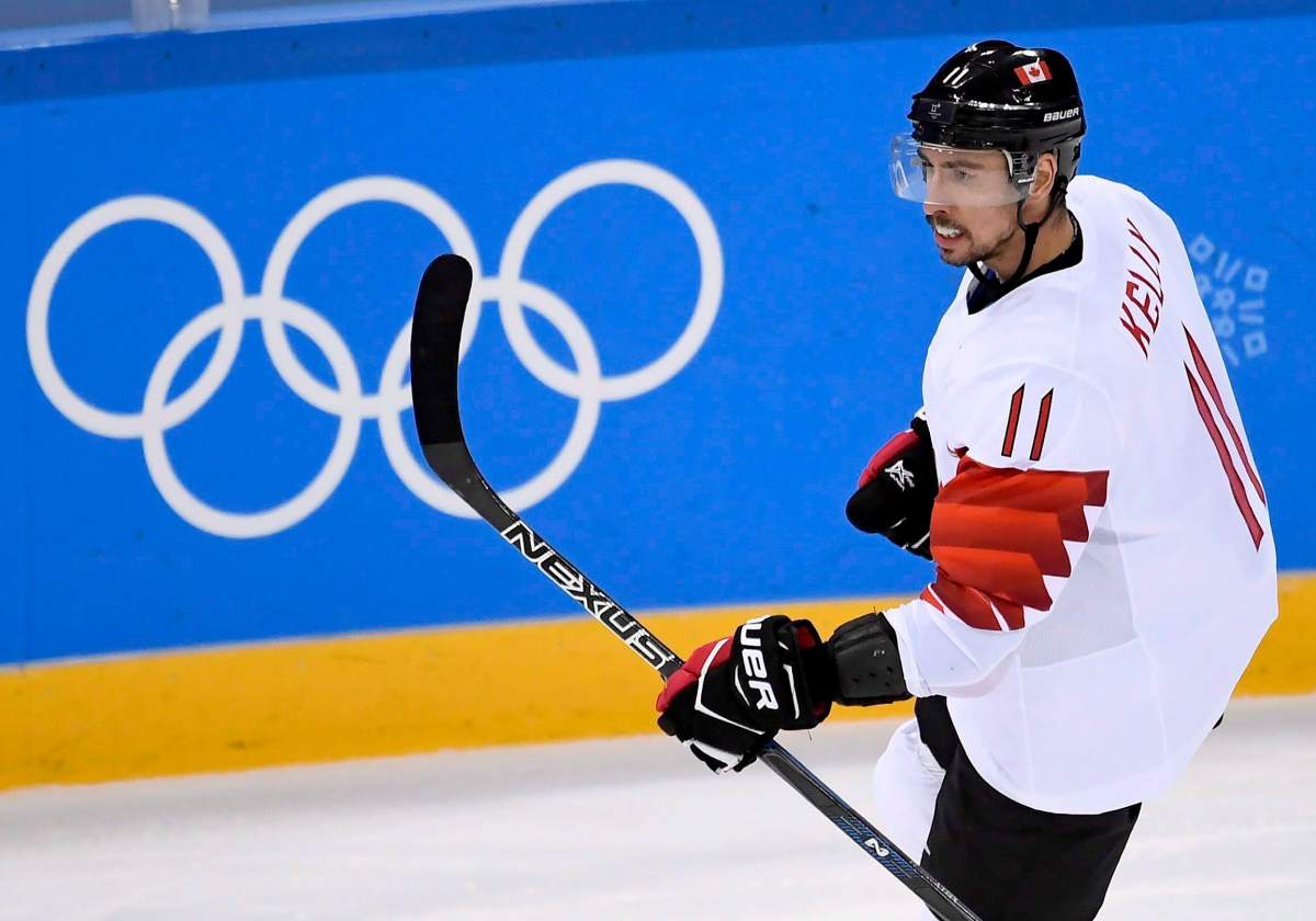 Canada forward Chris Kelly (11) celebrates his second goal of the game during third period men's hockey bronze medal game action against Czech Republic at the 2018 Olympic Winter Games, in Pyeongchang, South Korea, on Saturday, February 24, 2018.