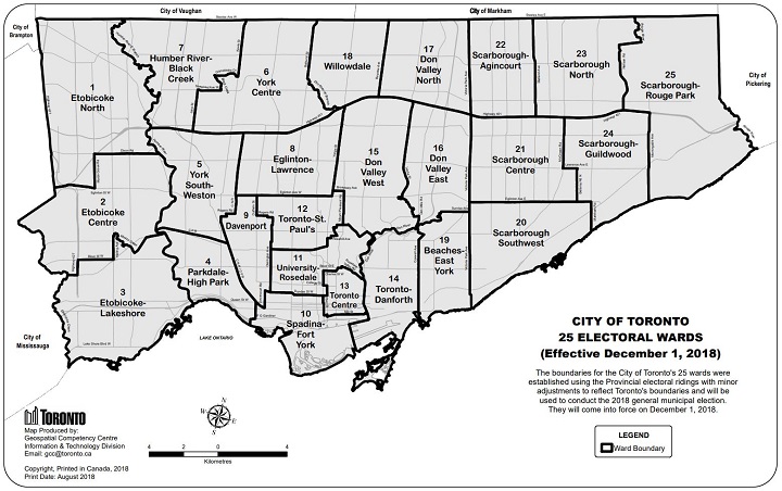 A map of the City of Toronto’s 25 wards.