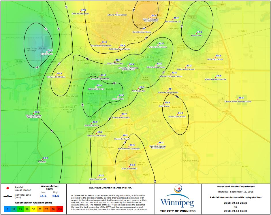 City of Winnipeg rainfall report September 12-13, 2018.
