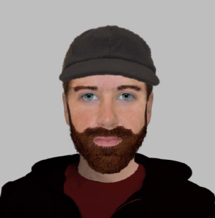 A composite sketch of the suspect wanted in the firearms investigation.