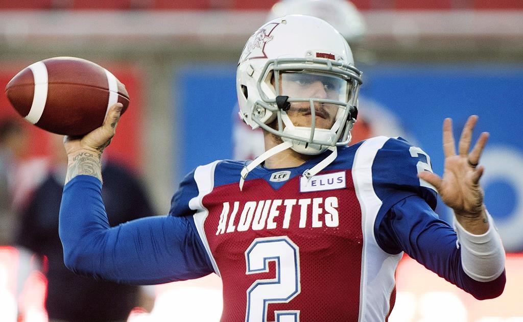 Montreal Alouettes quarterback Johnny Manziel throws a pass during the warm-ups prior to first half CFL football action against the BC Lions in Montreal, Friday, September 14, 2018.