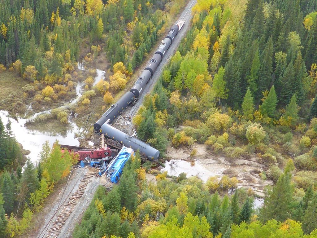 An aerial view of the train derailment near Ponton, Man. is seen on Sept. 15, 2018 in this handout photo. A Transportation Safety Board investigator says beavers may have contributed to the train derailment in northern Manitoba that left one railway worker dead and another injured. THE CANADIAN PRESS/HO, Transportation Safety Board of Canada *MANDATORY CREDIT*.