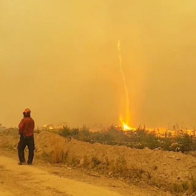 BC Wildfire Service crews encounter a “fire whirl” while fighting a wildfire near Vanderhoof, B.C. on Aug. 19, 2018.