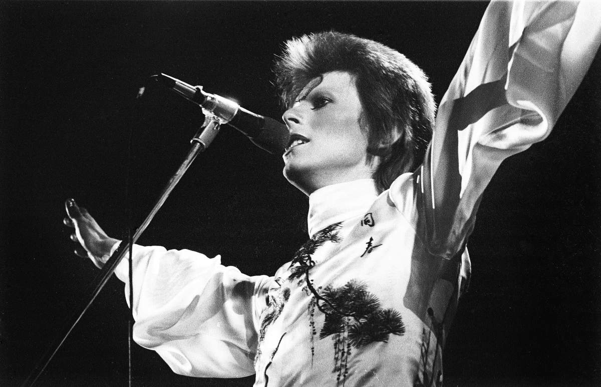 David Bowie performs live on stage at Earls Court Arena on May 12 1973 during the Ziggy Stardust tour.