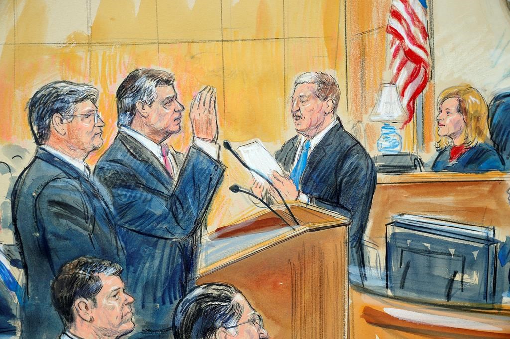 This courtroom sketch depicts former Donald Trump campaign chairman Paul Manafort, center, and his defense lawyer Richard Westling, left, before U.S. District Judge Amy Berman Jackson, seated upper right, at federal court in Washington, Friday, Sept. 14, 2018, as prosecutors Andrew Weissman, bottom center, and Greg Andres watch.