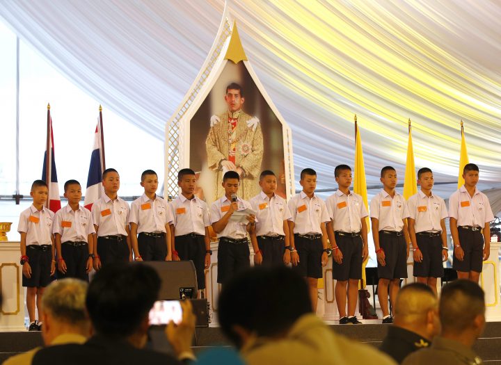 Members of Wild Boar youth soccer team who were rescued from Tham Luang cave, say thank to everyone, in front of a large portrait of Thai King Maha Vajiralongkorn Bodindradebayavarangkun (C) as they attend the ‘United as One’ event at the Royal Plaza of Dusit Palace area in Bangkok, Thailand, 06 September 2018.