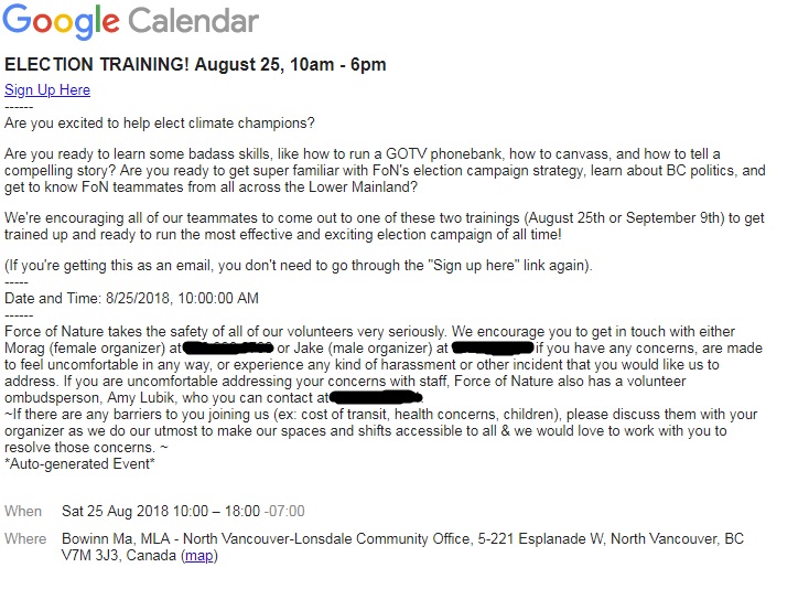 A Google invite obtained by Global News advertises a gathering at MLA Bowinn Ma's office. 