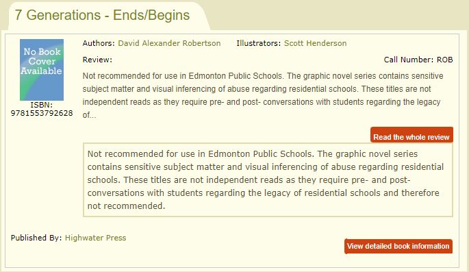 A screen cap of the full review on the Edmonton Public School Board’s “Books to Weed Out” section.