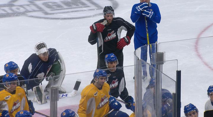 Eric Gryba (top left) says playing with the Saskatoon Blades at their training camp was rejuvenating and gave him a chance to share his NHL experience.