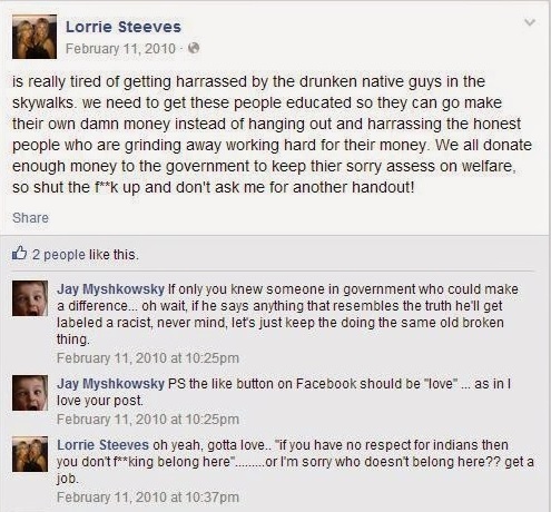 Myshkowsky commented on Steeves February 2010 Facebook post twice. Myshkowsky said at the time he was supporting a friend who had just been assaulted.