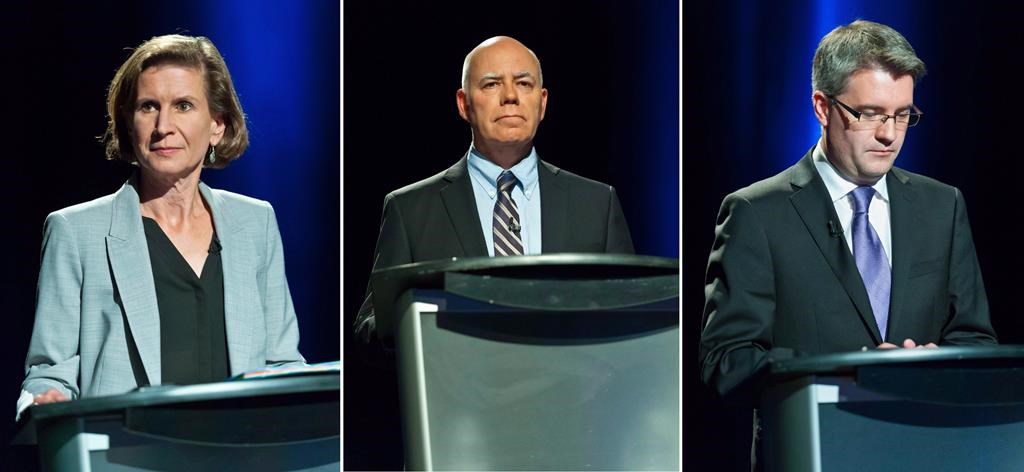 This composite image of three photographs shows New Brunswick NDP Leader Jennifer McKenzie, left to right, Green Party Leader David Coon and People's Alliance Leader Kris Austin participating in the CBC Leaders' provincial election debate, in Riverview, N.B., Wednesday, Sept. 12, 2018. THE CANADIAN PRESS/Marc Grandmaison.