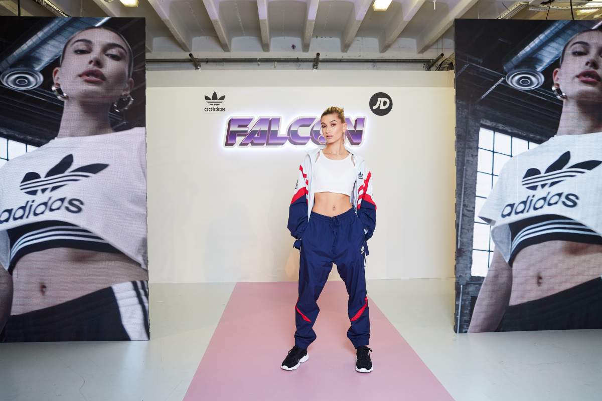 Hailey Baldwin poses ahead of the launch of the Icy Pink adidas Falcon at JD show on September 17, 2018 in London, England. (Photo by Tristan Fewings/Getty Images for adidas)