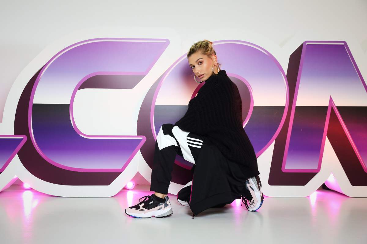 Hailey Baldwin poses ahead of the launch of the Icy Pink adidas Falcon at JD show on September 17, 2018 in London, England. (Photo by Tristan Fewings/Getty Images for adidas)