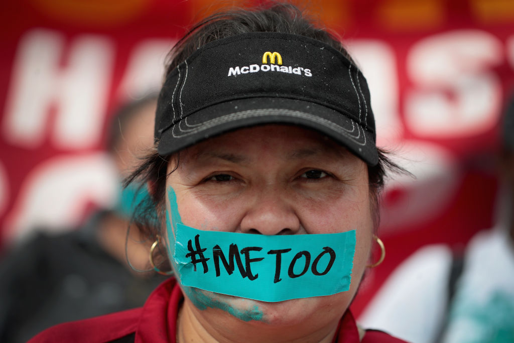 McDonald’s workers are joined by other activists as they march toward the company’s headquarters to protest sexual harassment at the fast food chain’s restaurants on September 18, 2018 in Chicago, Illinois.