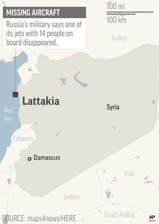 Map locates Lattakia, Syria, where Russian military says one of its jets disappeared.
