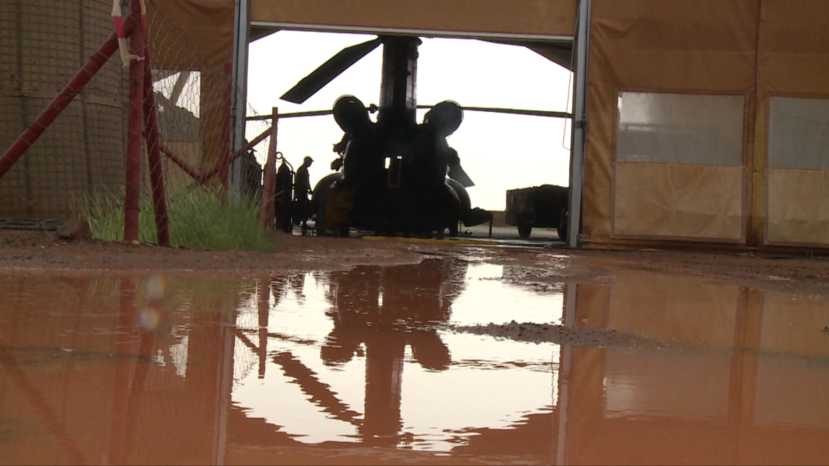 Heavy rainstorms in Mali have flooded roads and even one of the Chinook helicopters.