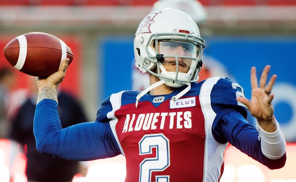 Montreal Alouettes quarterback Johnny Manziel throws a pass during the warm-ups prior to first half CFL football action against the BC Lions in Montreal, Friday, Sept. 14, 2018.