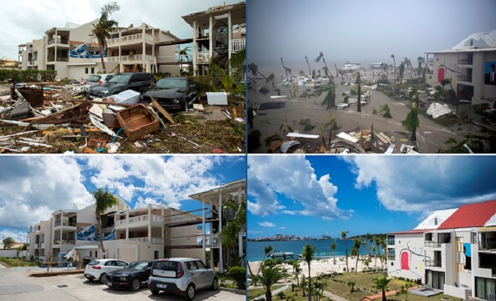 A combination of pictures shows buildings on the French Carribean island of Saint-Martin on Sept. 6, 2017, after the passage of Hurricane Irma (above) and then months after rebuilding (below).