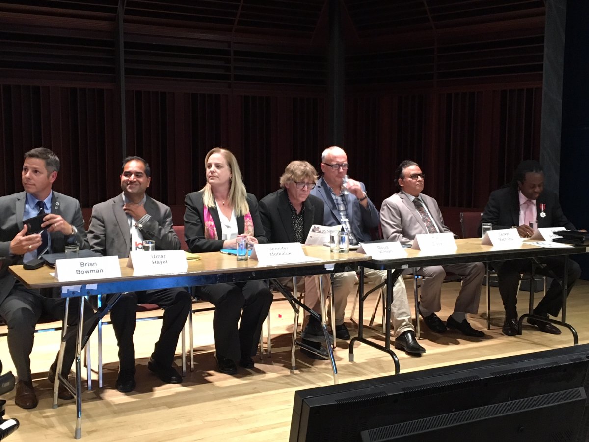 Seven of the eight Winnipeg mayoral candidates gathered in one room for the first time to talk election issues Tuesday night, with the focus on the environment.