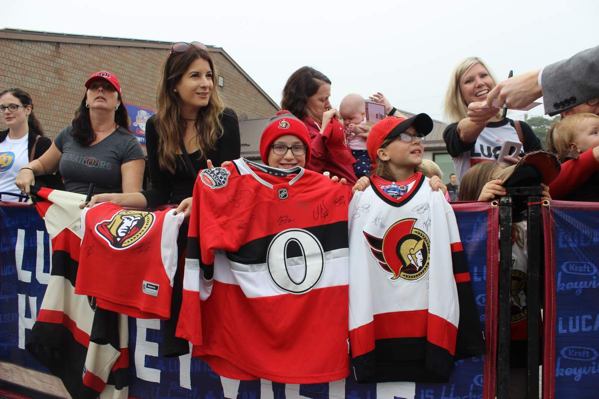 Fans eagerly await to meet Ottawa Senators players, who arrived in Lucan Tuesday morning for an exhibition game against the Toronto Maple Leafs.