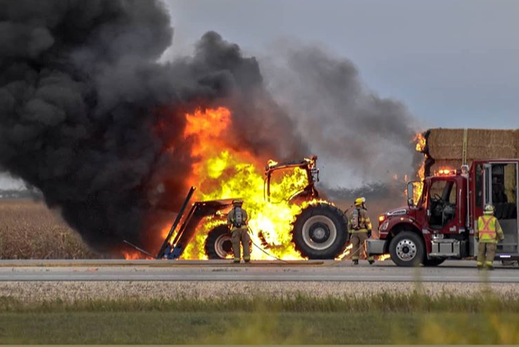 Tractor fire on Highway 12 near Ste. Anne, on Sept. 20, 2018.