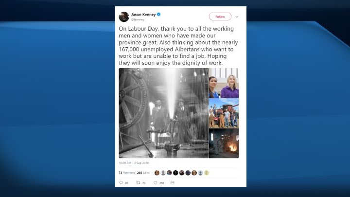 United Conservative Party Leader Jason Kenney is facing backlash over images he used in a Labour Day tweet meant to highlight the plight of unemployed Albertans.