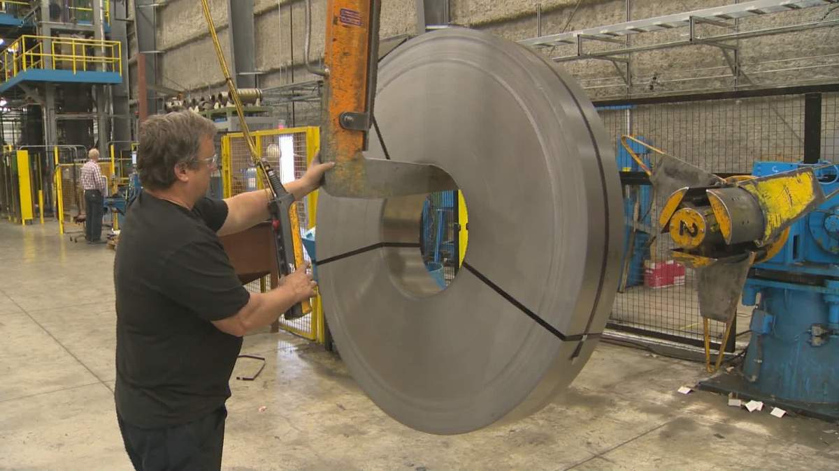 A roll of steel is moved before being processed into steel strapping at JEM Strapping in Brant County, Ont.