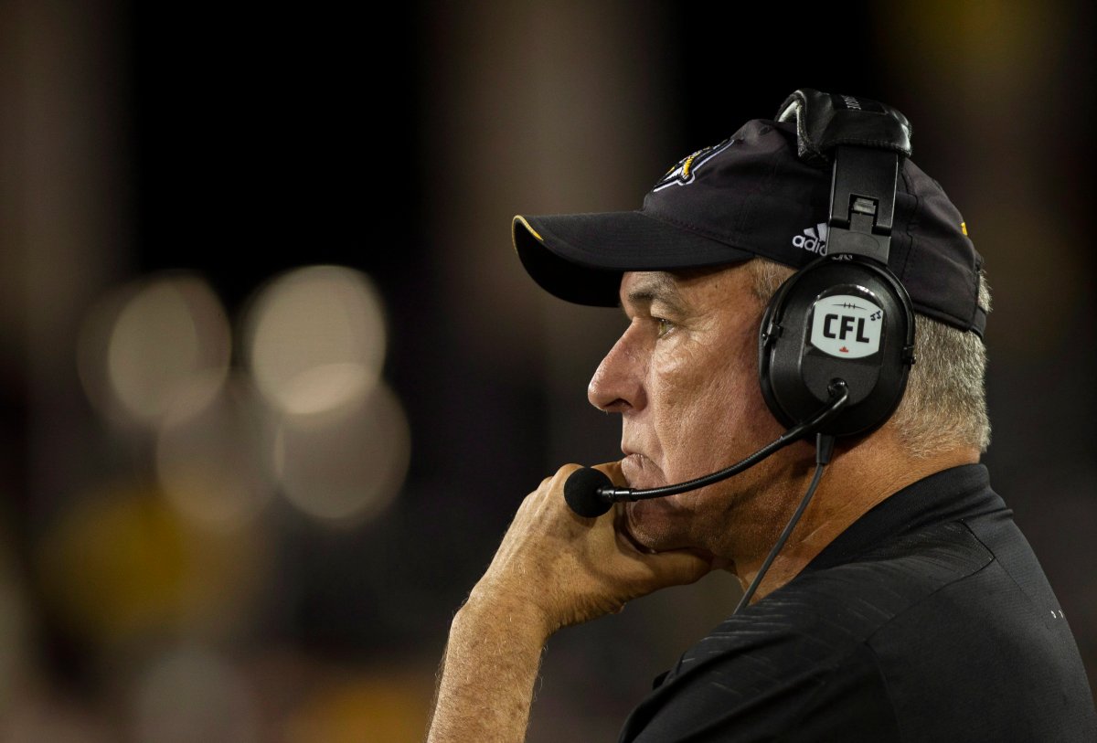 Hamilton Tiger-Cats head coach June Jones during second half CFL football game action against the Toronto Argonauts in Hamilton, Ont. on Monday, September 3, 2018. THE CANADIAN PRESS/Peter Power.