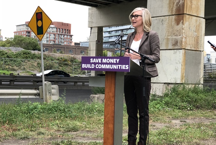 Toronto mayoral candidate Jennifer Keesmaat speaking near Parliament Street and Lake Shore Boulevard on Sunday morning.