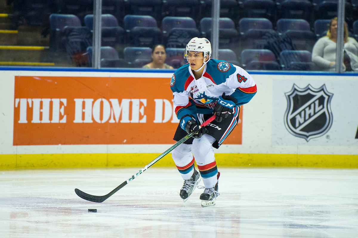 Devin Steffler of the Kelowna Rockets skates with the puck against the Victoria Royals  on August 31, 2018 at Prospera Place in Kelowna. 