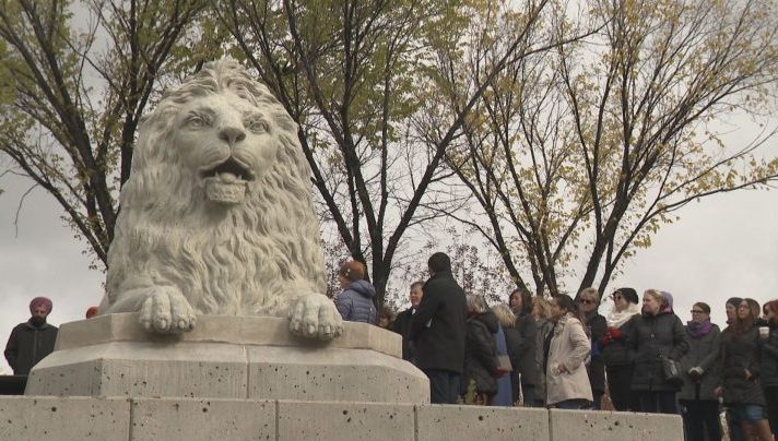 An iconic Centre Street lion sculpture found a new home in Rotary Park.