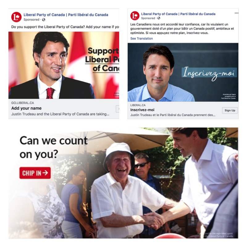 The Facebook ad roster from the Liberal Party of Canada featured 21 different ads, all of which featured an image of their leader, Justin Trudeau. And all contained positive message to appeal to supporters.