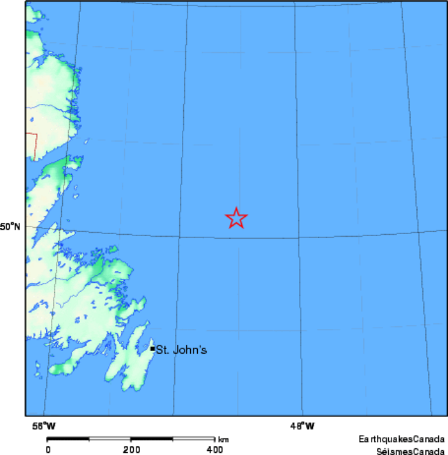 A map showing the approximate location of an earthquake that occurred off the coast of Newfoundland on Sept. 3, 2018. 