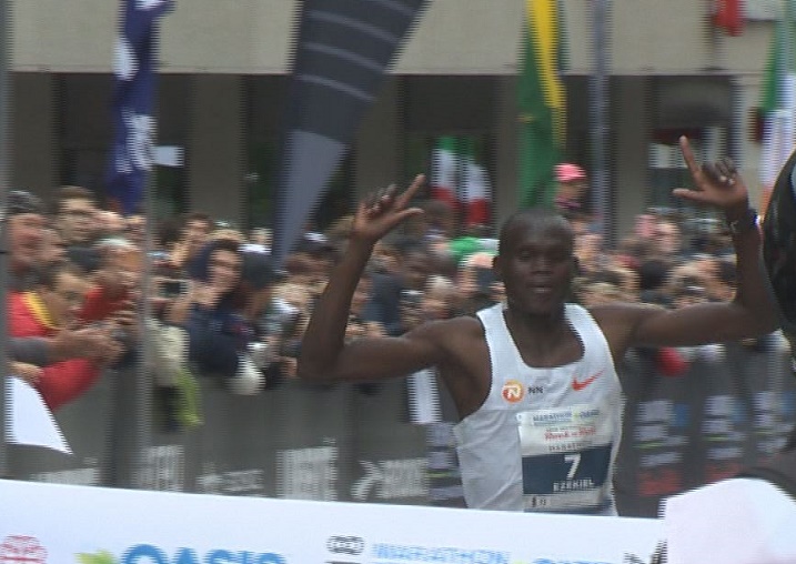 Ezekial Mutai crosses the finish line at the Montreal marathon on Sunday, Sept. 23, 2018.