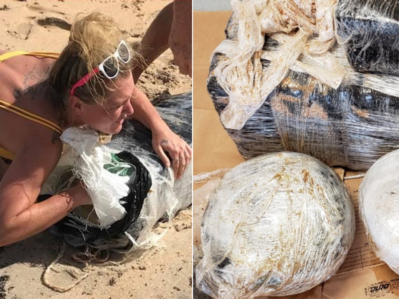 At left, a photo of a woman sought by the Flagler County Sheriff's Office in Florida in connection with marijuana that washed up on a beach. At right, a package of marijuana. 