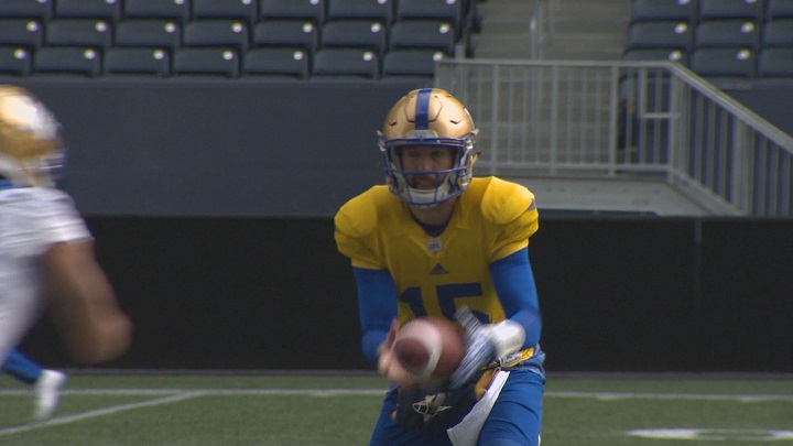 Winnipeg Blue Bombers quarterback Matt Nichols practices on Monday at Investors Group Field.