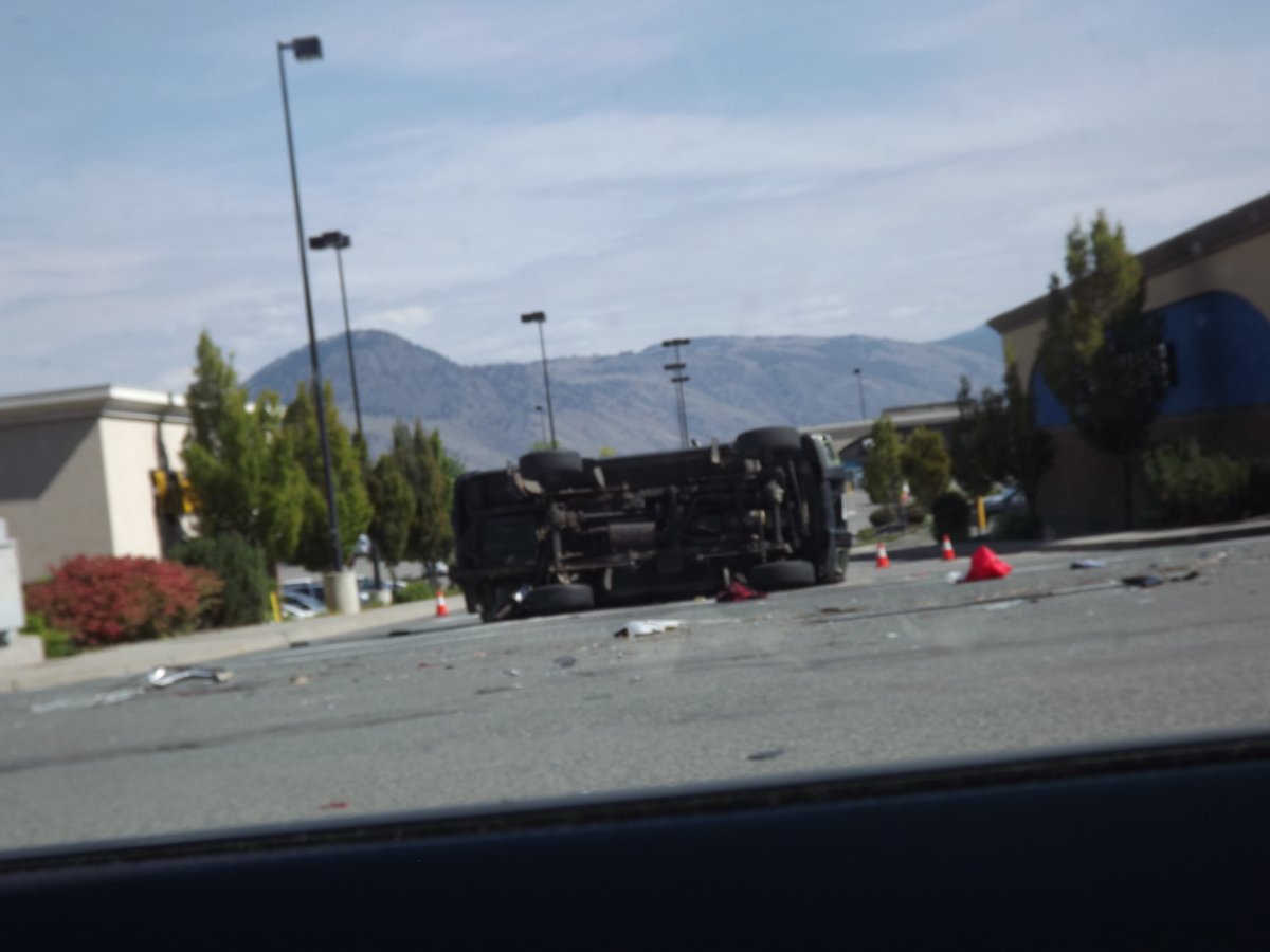A vehicle was flipped on its side in a three vehicle collision in Kamloops on Sunday morning.  