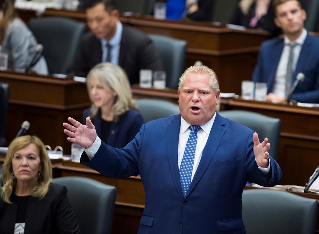 Ontario Premier Doug Ford speaks in question period at Queen's Park in Toronto on Monday, Sept. 17, 2018.