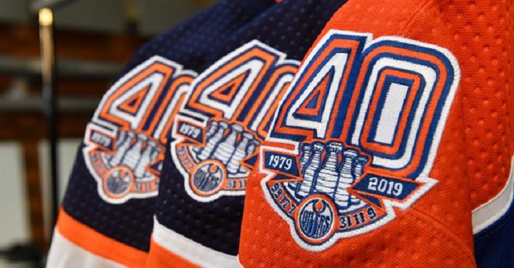 A special patch commemorating the 40th season is seen on Edmonton Oilers hockey jerseys.
