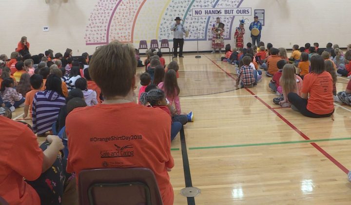 Hal Eagletail, residential school survivor, spoke to kids at Monsignor Neville Anderson School in Calgary on Thursday.